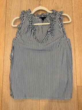 J. CREW! Navy & White Striped Ruffle sleeveless blouse w/discreet top button.